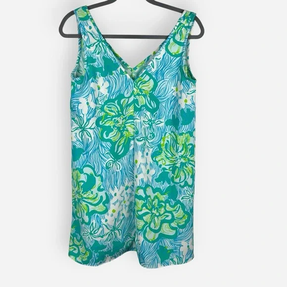 Lilly Pulitzer‎ Dress Calissa Floral Blue Green Sleeveless Mini Sz 2 Shift Crepe - Picture 4 of 9